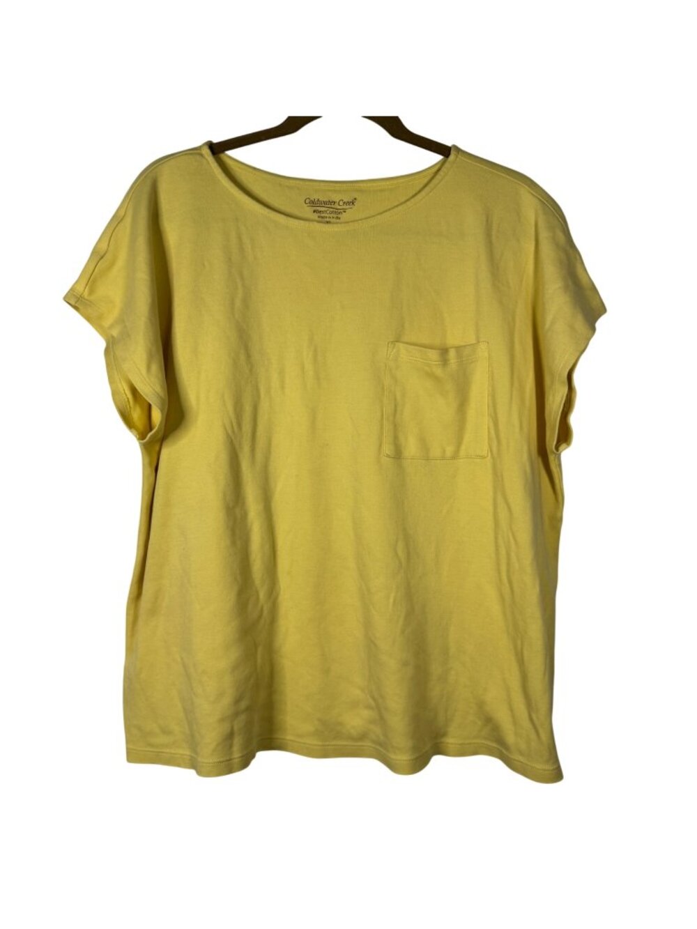 Coldwater Creek XL Womens Yellow Cotton Short Sleeve Top With Pocket